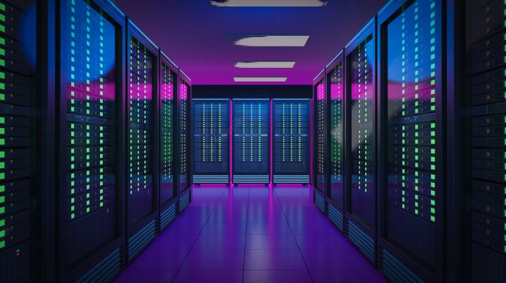 Hosting data center with server racks in a corridor room